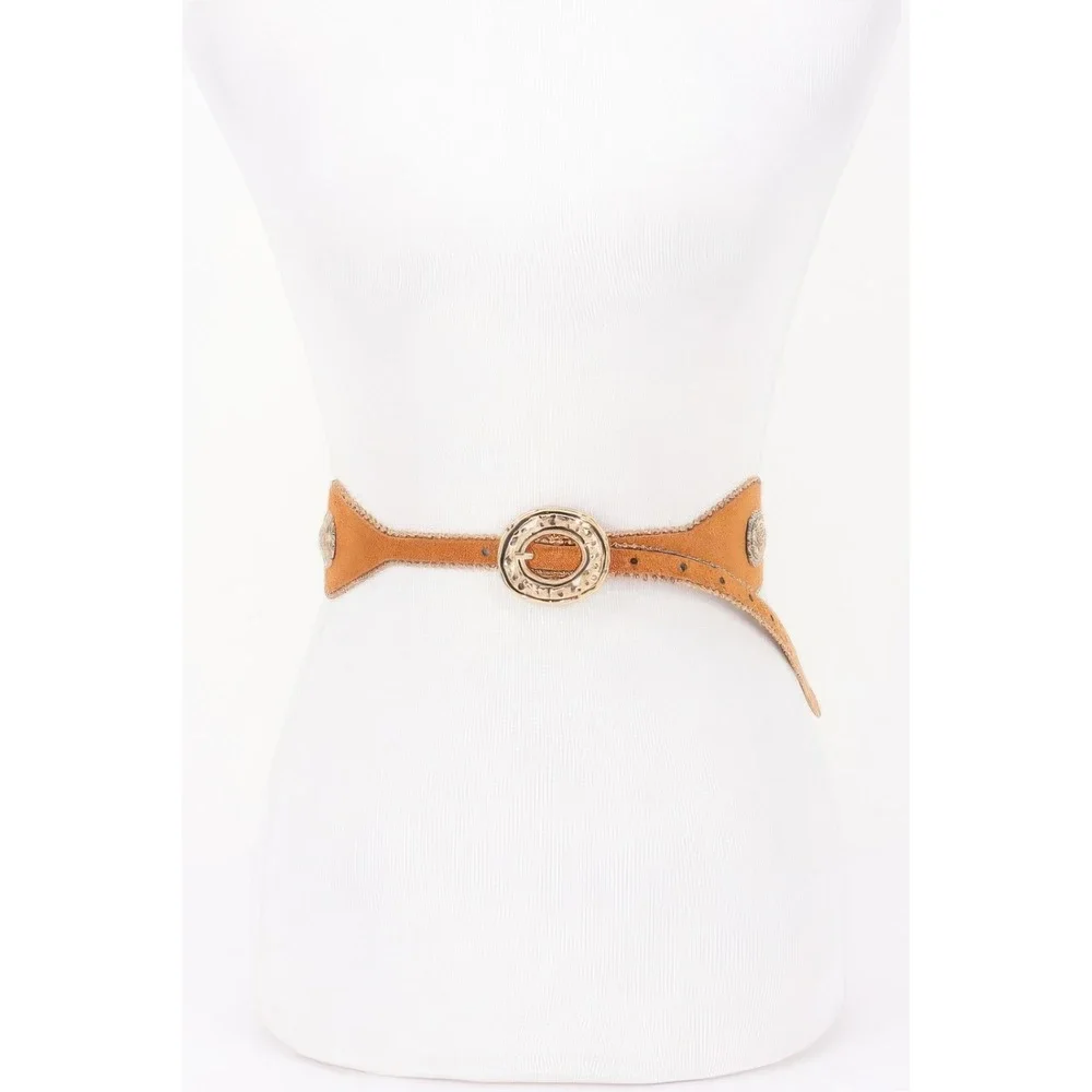 Scalloped Medallion Belt Womens Camel Gold